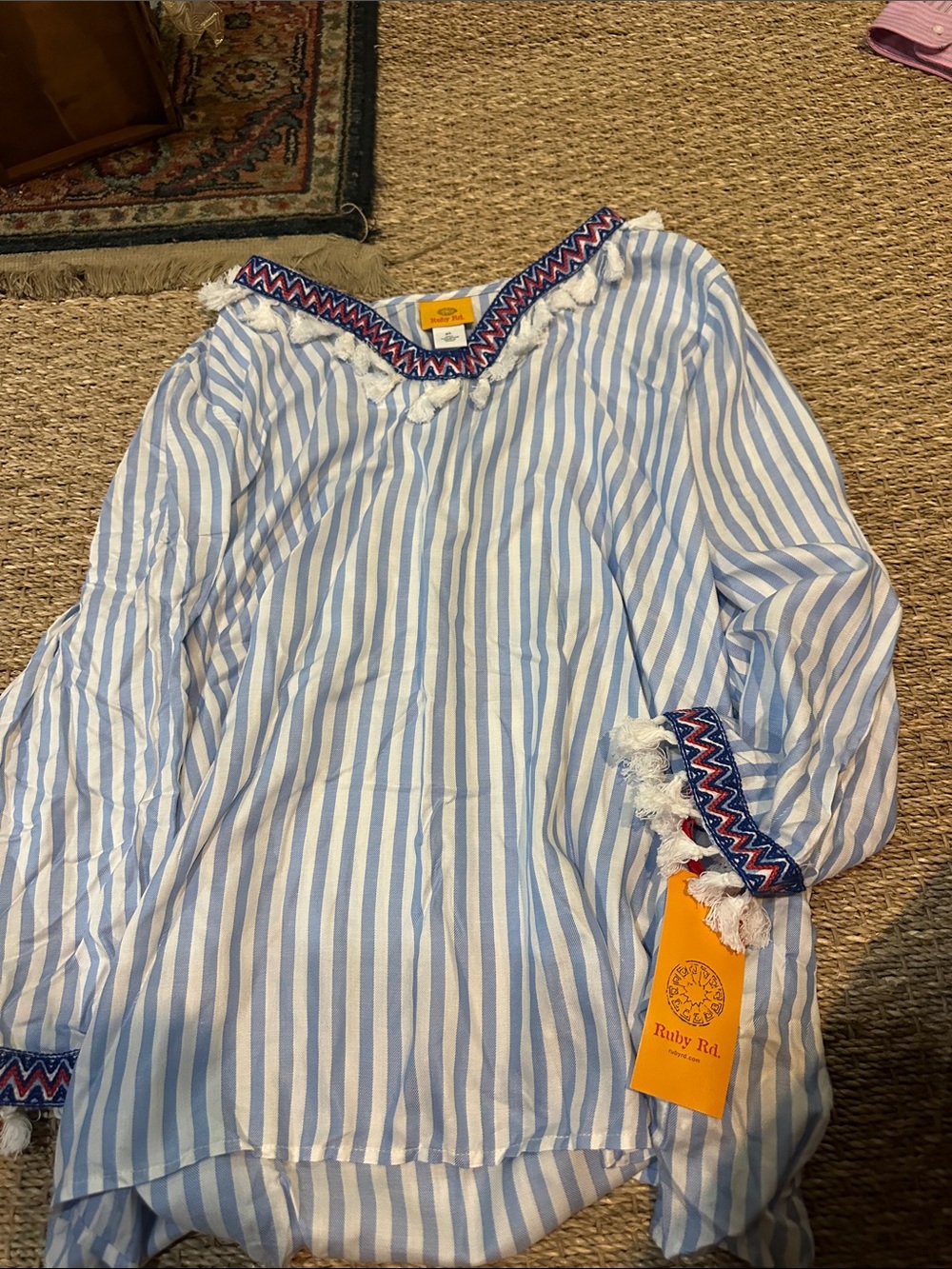 Ruby Rd. Blue & White Striped Girls' Tunic with Embroidered Trim